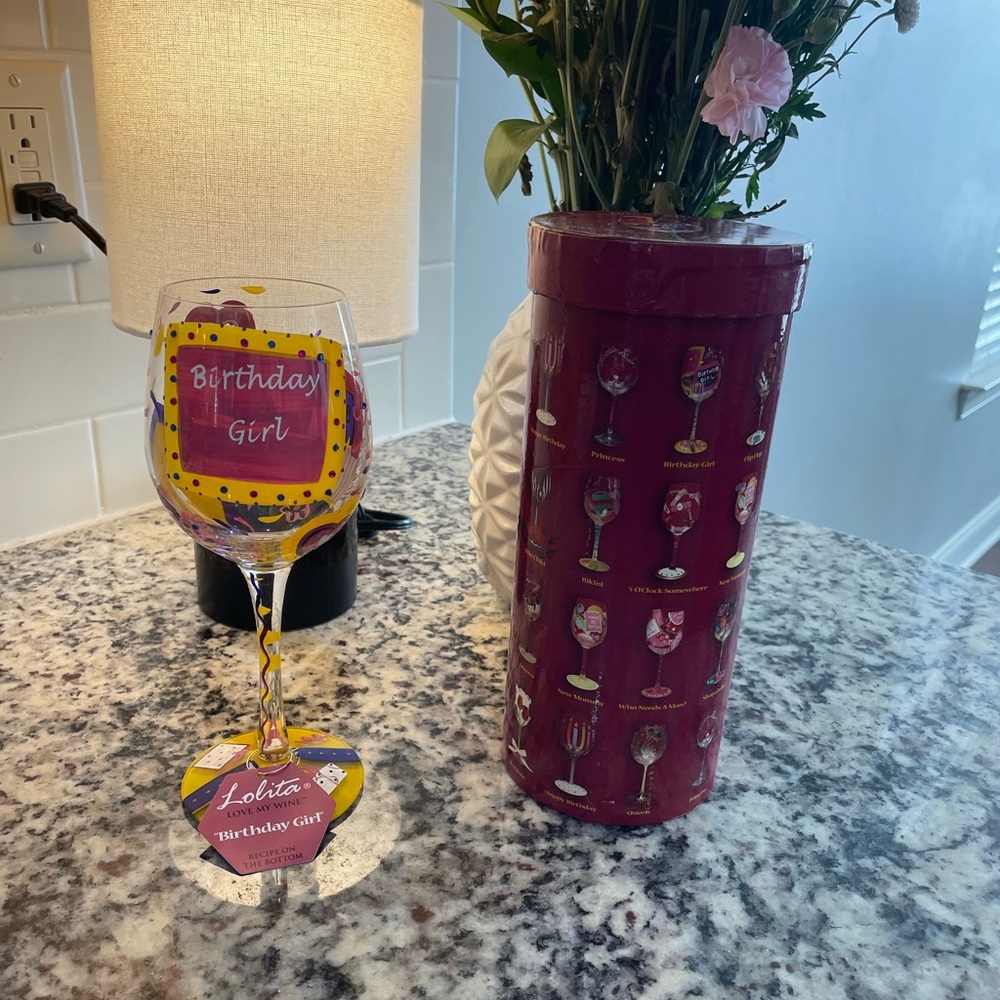 NWT Lolita "Birthday Girl" Hand Painted Wine Glass With Recipe On Bottom 15 OZ